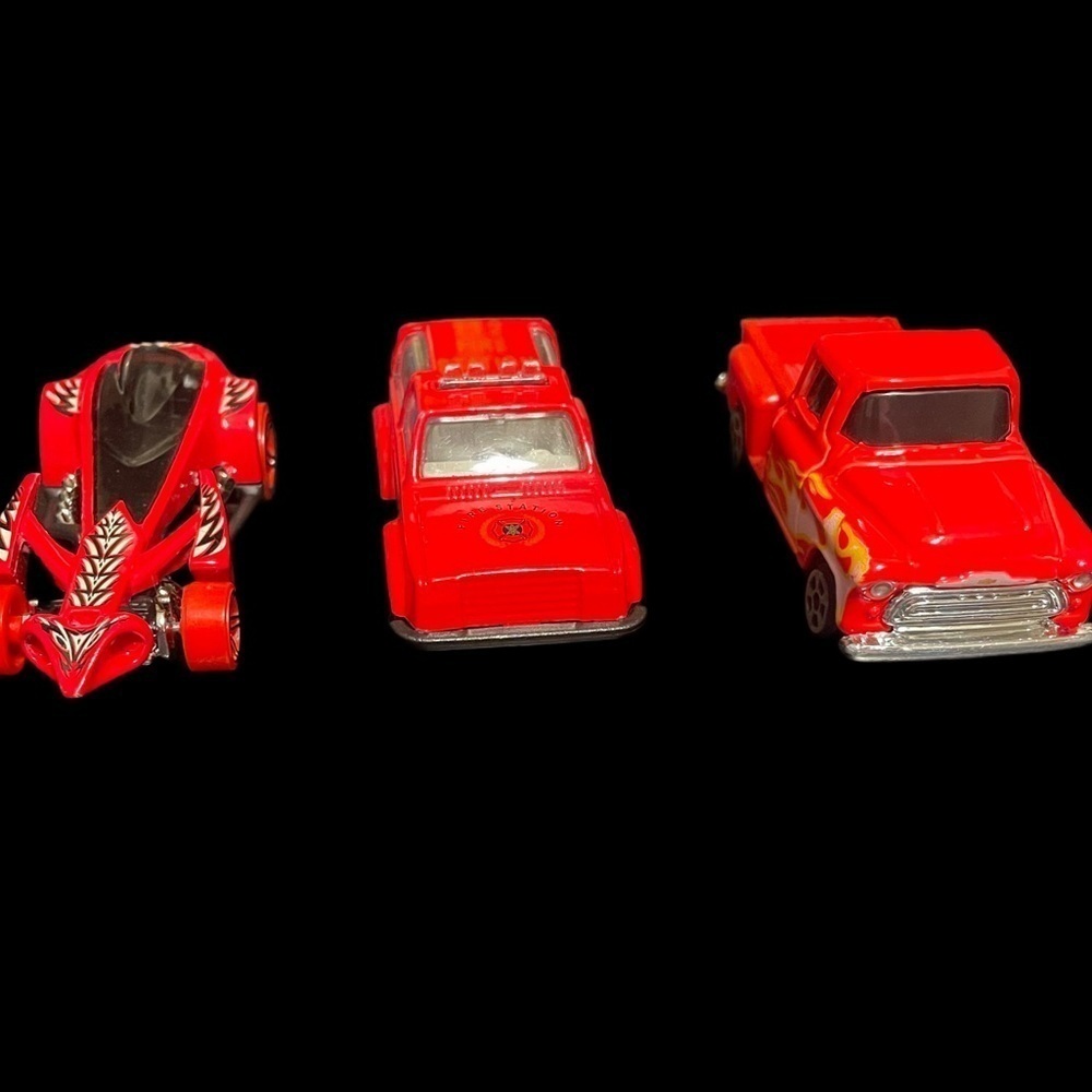 Hot wheels red set of 3 cars Chevy fire truck race car toy cars 1957 Chevrolet - Picture 2 of 15
